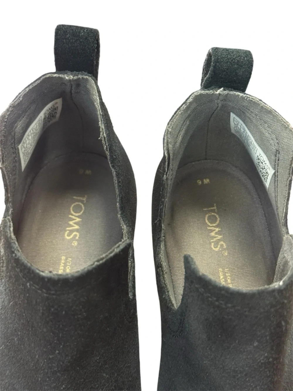 Toms Black Suede Wedge Booties with Stacked Brown Heel Women’s size 6 Slip-Ons